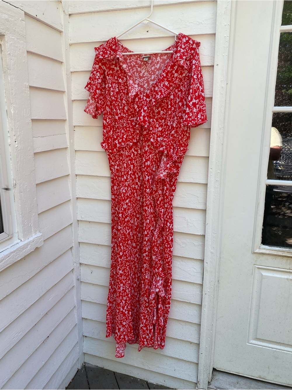 a new day Red Floral Flutter Sleeves Frilly Maxi Dress